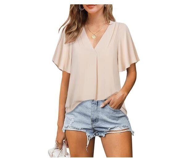 V-Neck Chiffon Shirt Pleated Short Sleeve Top