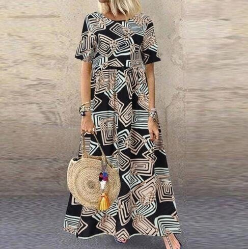 Geometric Print Short-sleeved Maxi Dress