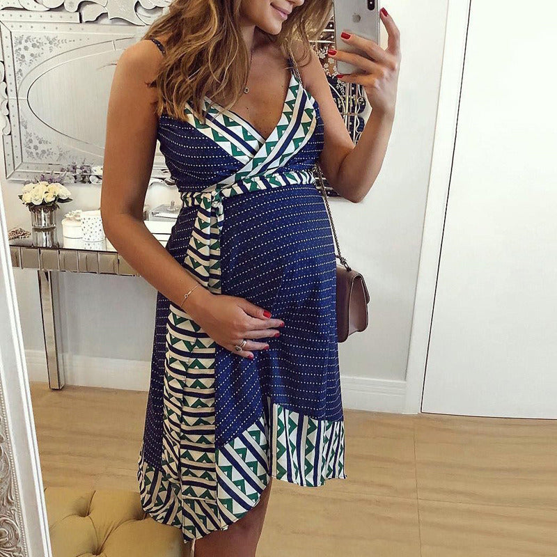 Summer Maternity Slip Dress Women Casual Loose Sexy V Neck Printed Short Skirt Light Thin Breathable Red Purple Green Blue Black