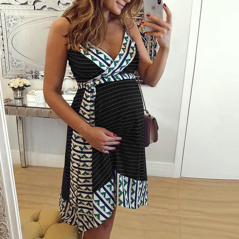 Summer Maternity Slip Dress Women Casual Loose Sexy V Neck Printed Short Skirt Light Thin Breathable Red Purple Green Blue Black