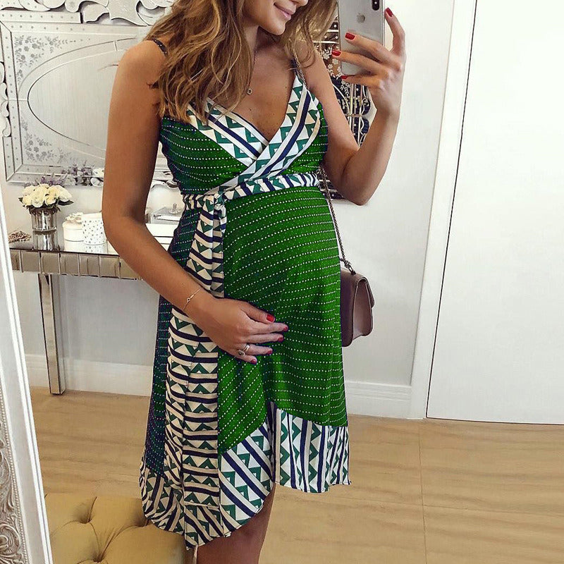 Summer Maternity Slip Dress Women Casual Loose Sexy V Neck Printed Short Skirt Light Thin Breathable Red Purple Green Blue Black