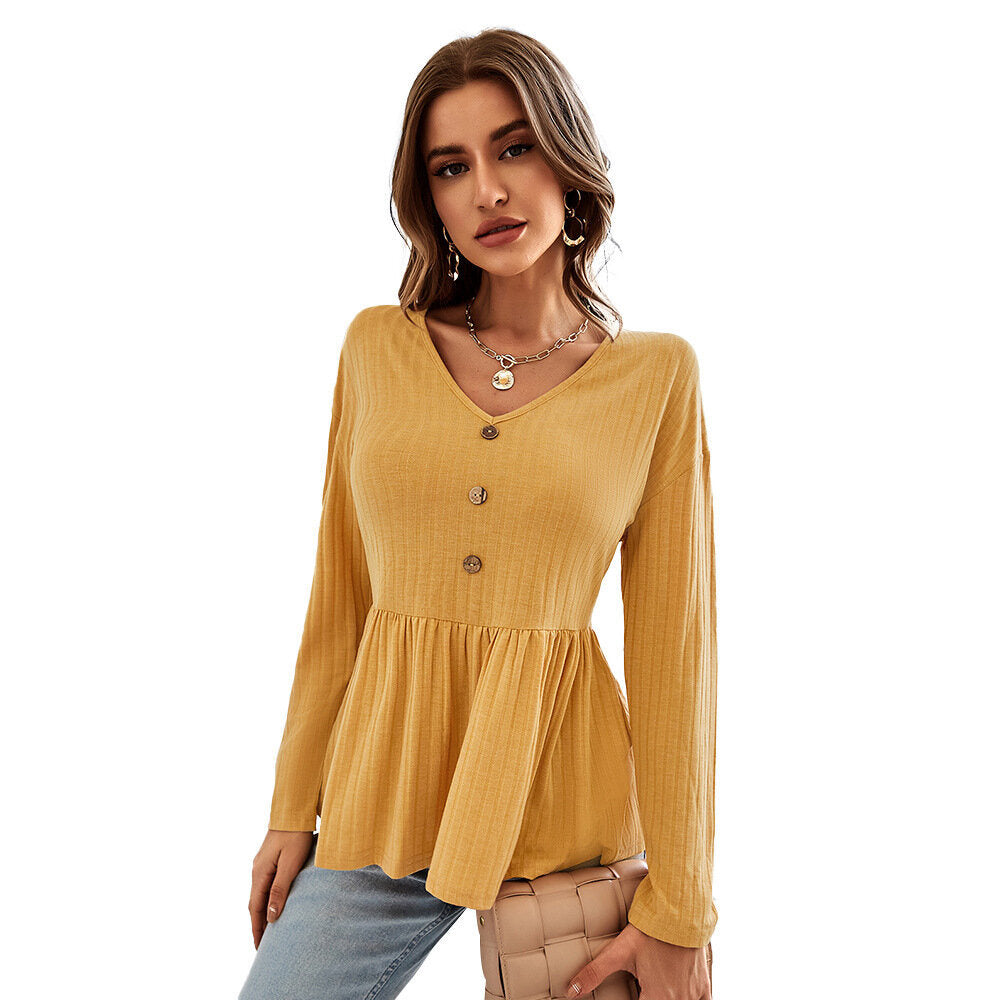 Ribbed Button Knit Sweater Solid Color Tops