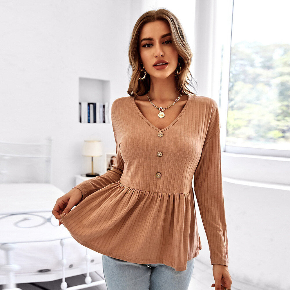 Ribbed Button Knit Sweater Solid Color Tops