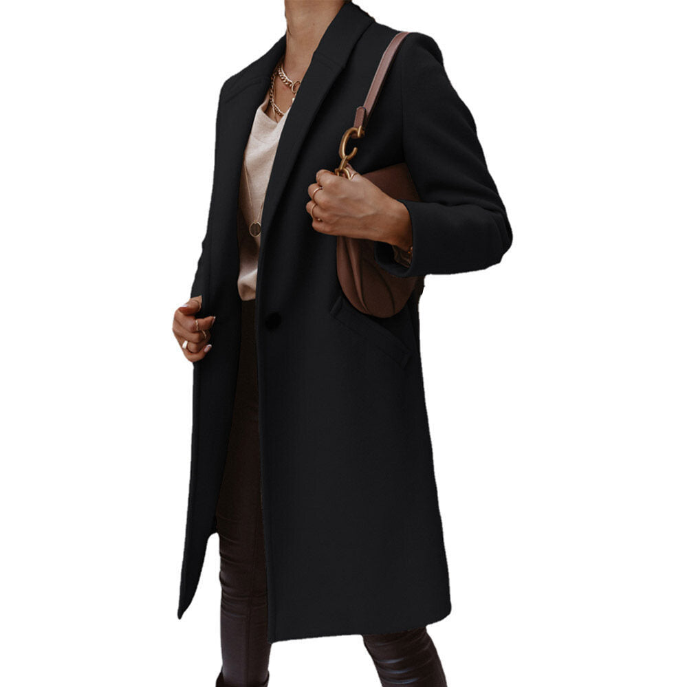 Solid Color Lapel Mid Length Button Wool Coat