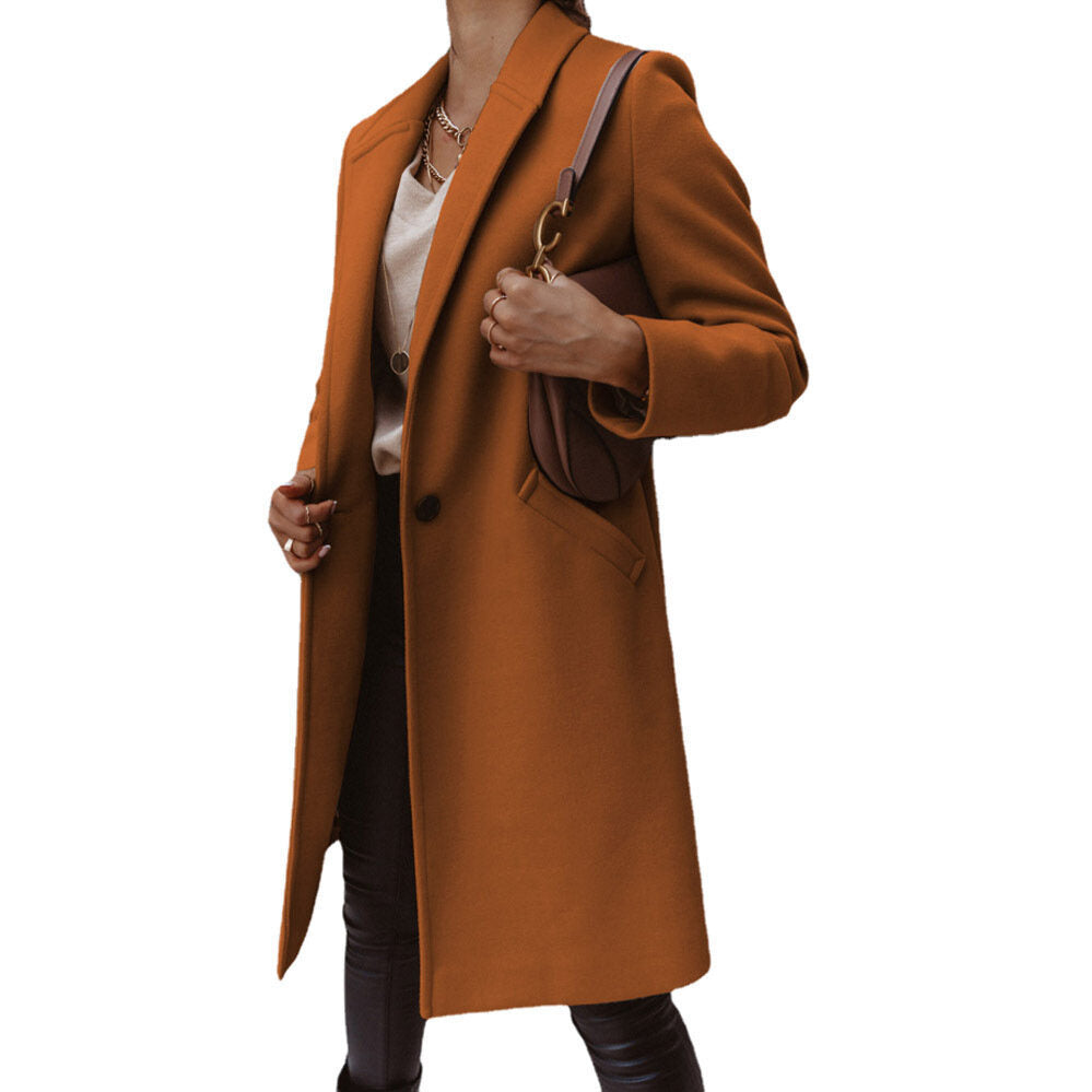 Solid Color Lapel Mid Length Button Wool Coat