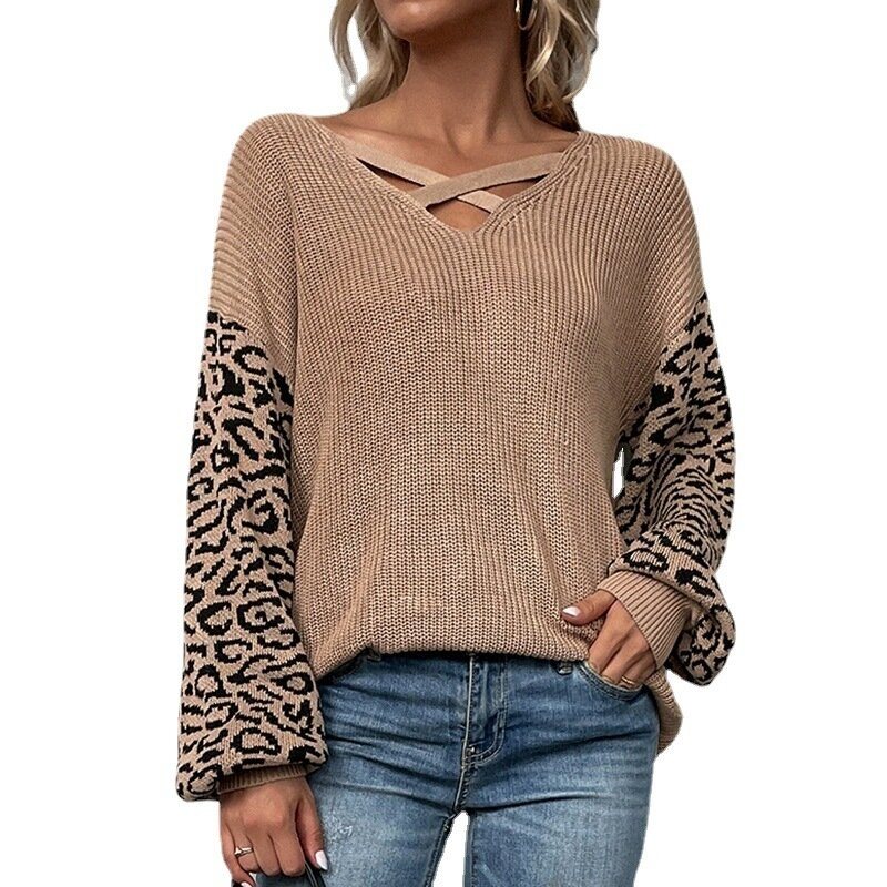 Leopard Knit Lace-Up Balloon Sleeve Sweater