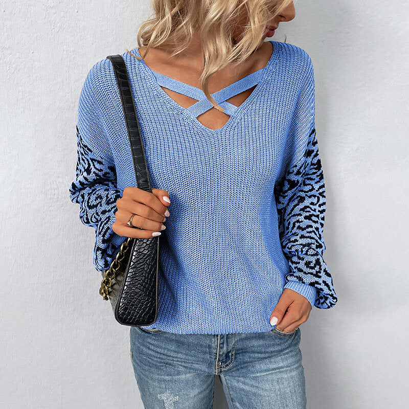 Leopard Knit Lace-Up Balloon Sleeve Sweater