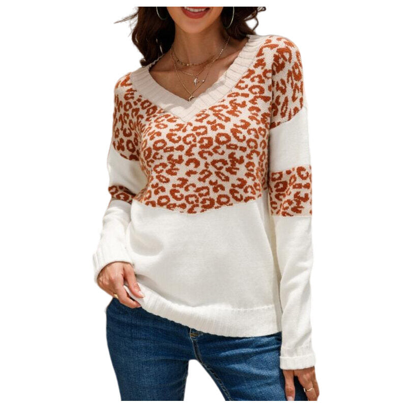 V-Neck Leopard Print Panel Knit Sweater