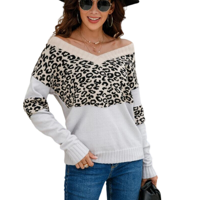 V-Neck Leopard Print Panel Knit Sweater