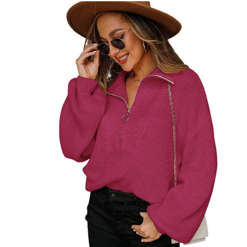 Half-Zip Balloon Sleeve Knit Pullover Sweater