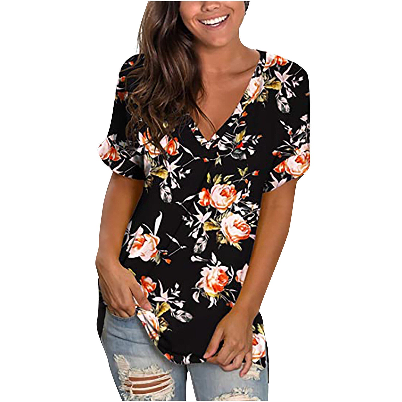 Floral Short Sleeve V Neck T Shirts Tee Printed Side Split Tunic