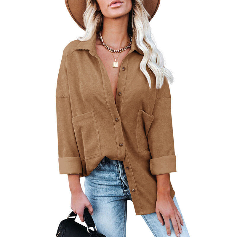 Casual Long Sleeve Buttoned Corduroy Shirt Jacket