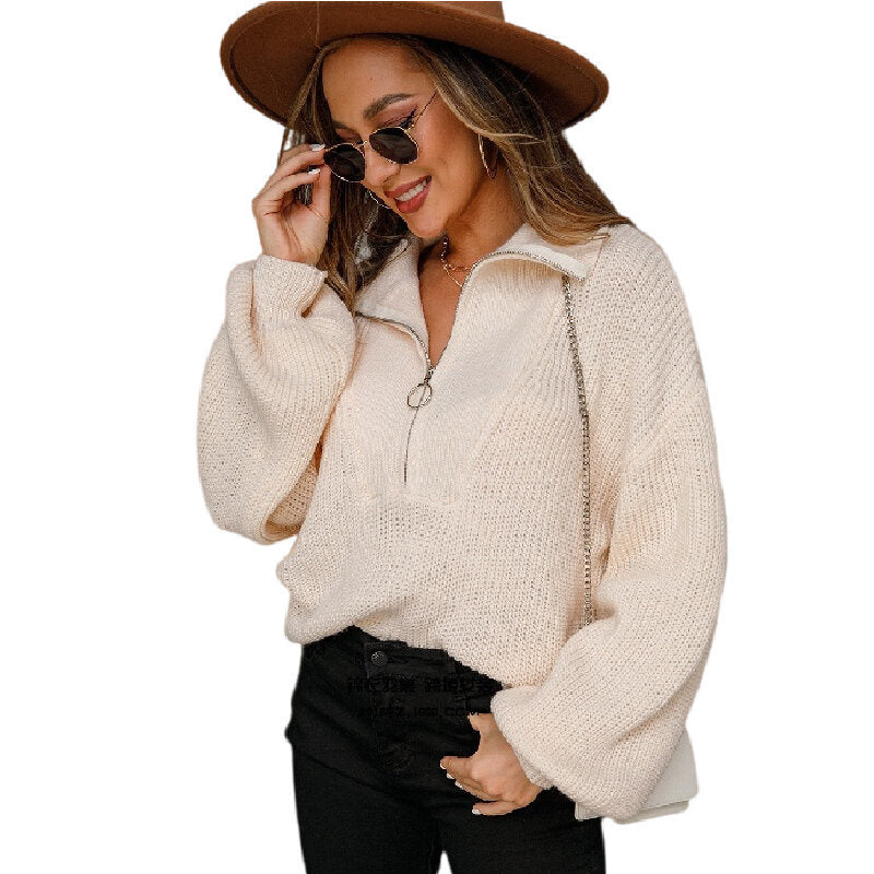 Half-Zip Balloon Sleeve Knit Pullover Sweater