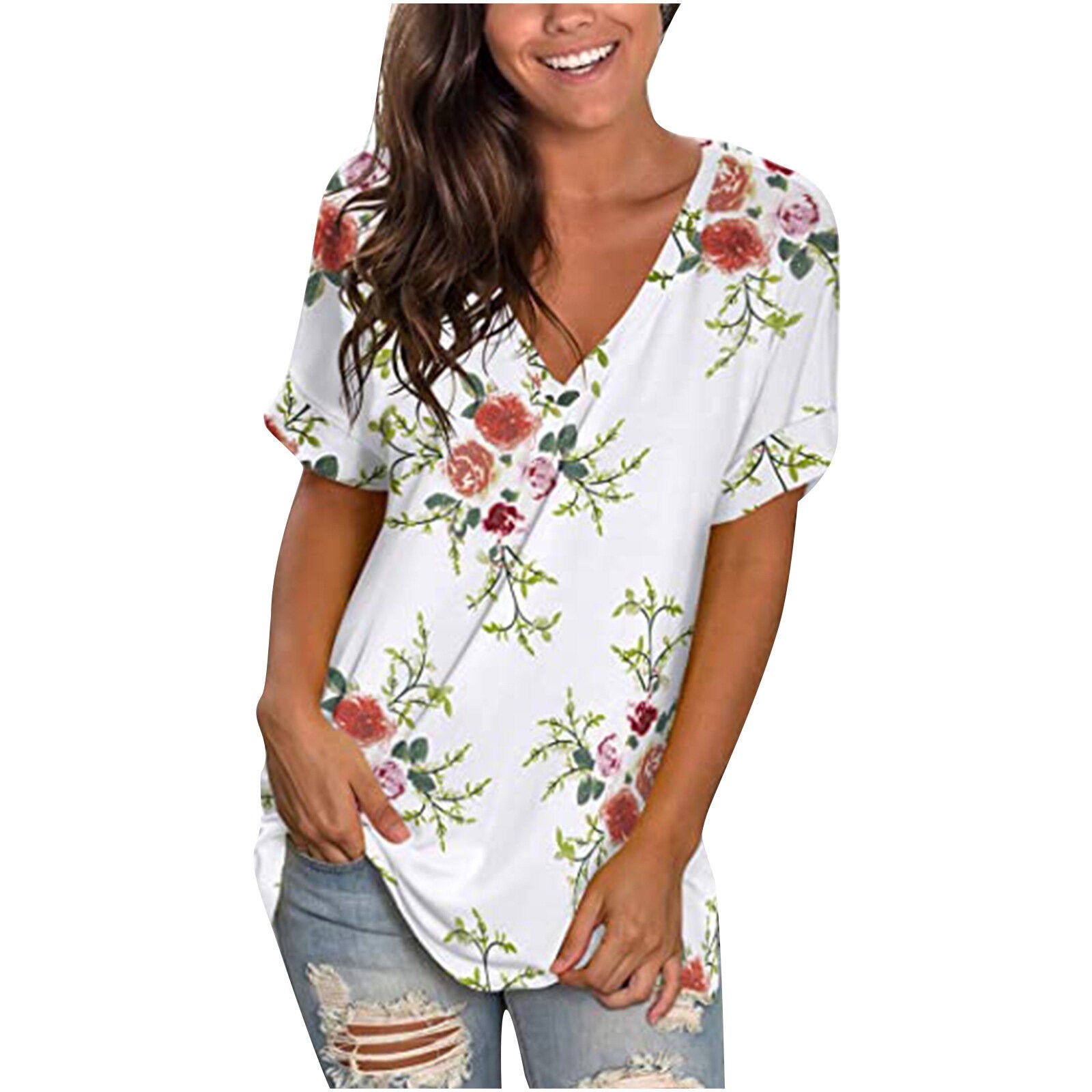 Floral Short Sleeve V Neck T Shirts Tee Printed Side Split Tunic