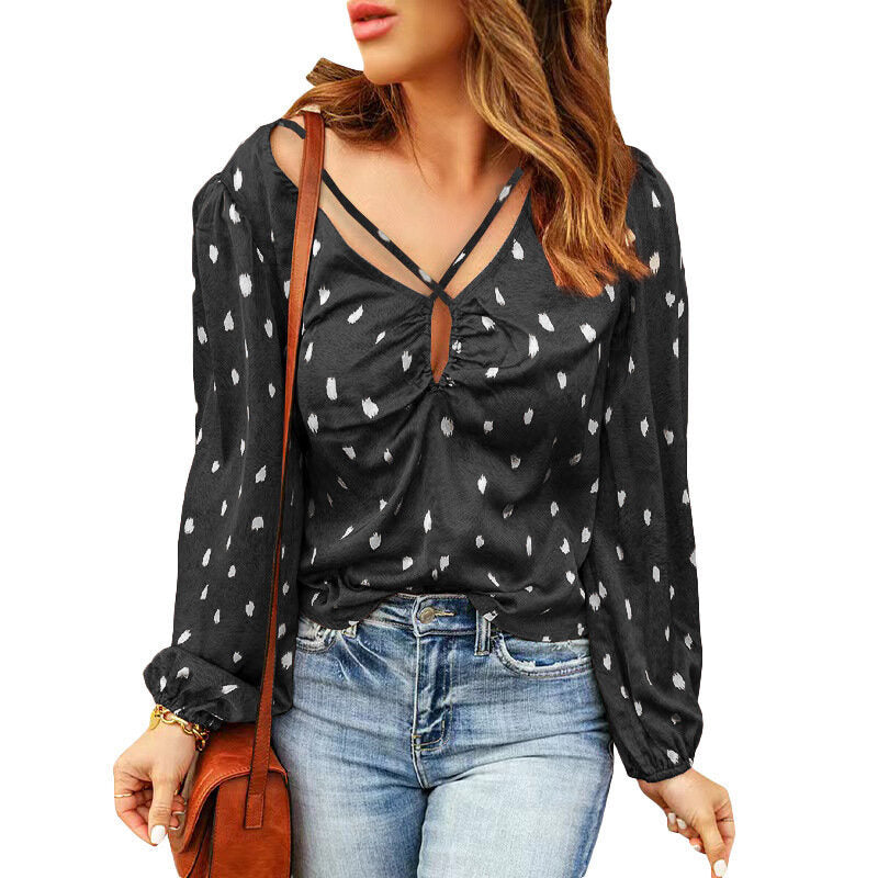 V-neck Cross Drawstring Print Puff Sleeve Shirt