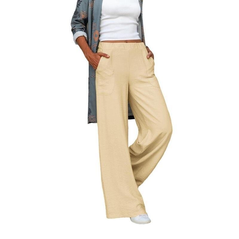 Women's Elastic Waist Cotton Linen Wide Leg Trousers Pant