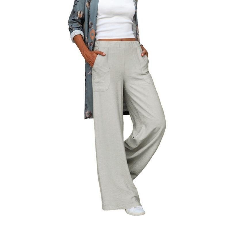 Women's Elastic Waist Cotton Linen Wide Leg Trousers Pant