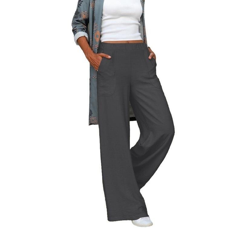 Women's Elastic Waist Cotton Linen Wide Leg Trousers Pant