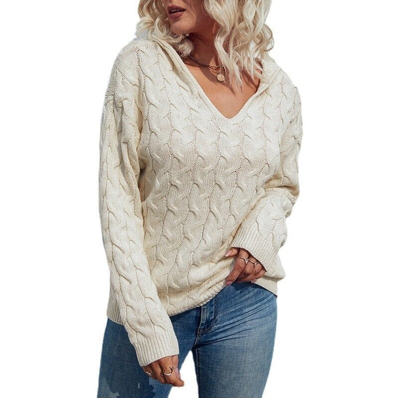 Women V neck Twist Knit Hoodie Warm Sweater Tops