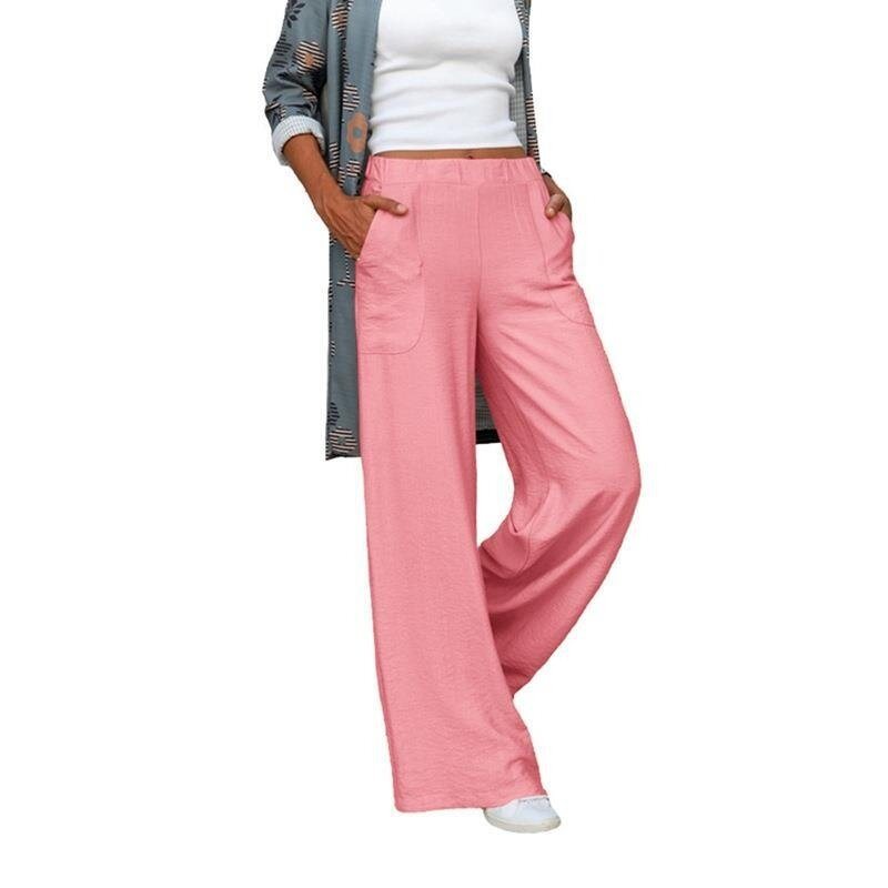 Women's Elastic Waist Cotton Linen Wide Leg Trousers Pant