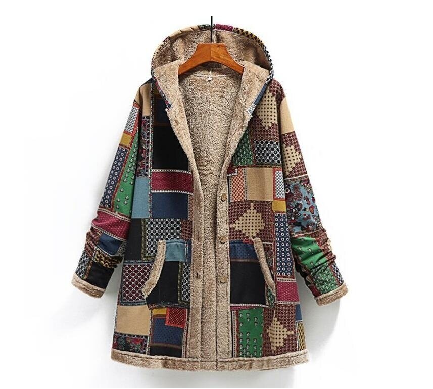 Women's Linen Printed Hoodie Warm Fleece Coat