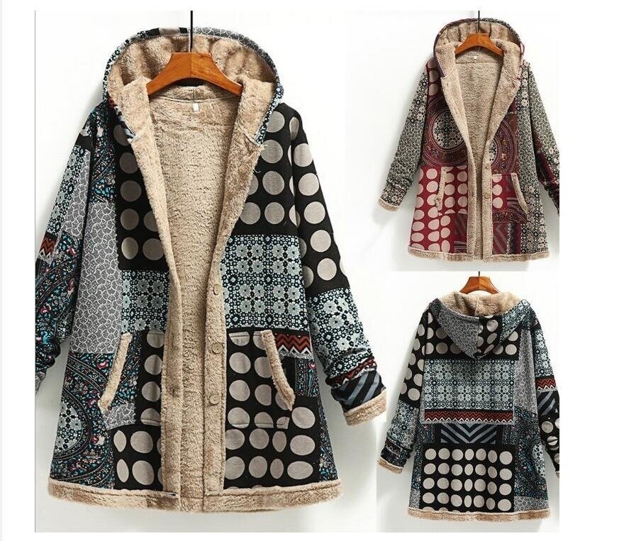 Women's Linen Printed Hoodie Warm Fleece Coat