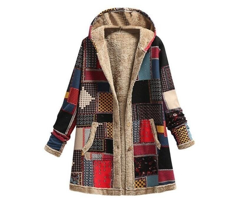 Women's Linen Printed Hoodie Warm Fleece Coat