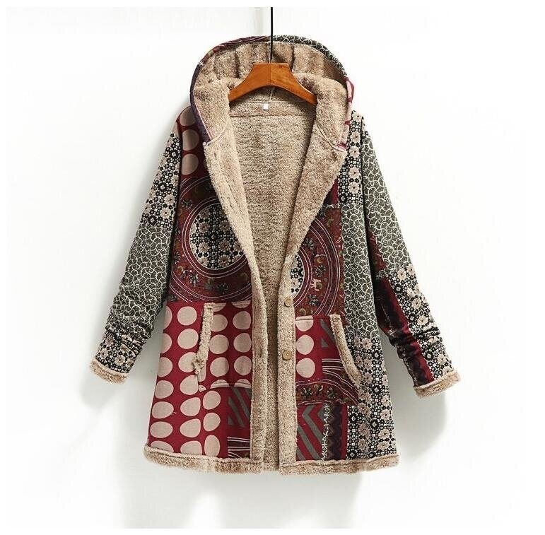 Women's Linen Printed Hoodie Warm Fleece Coat