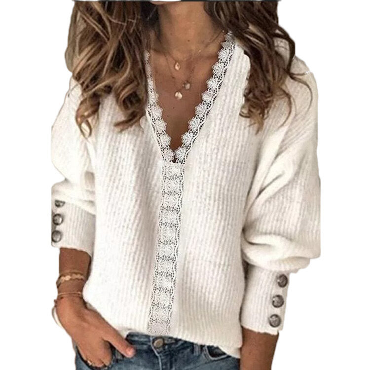 Lace Patchwork Pullover Knit Sweater Tops