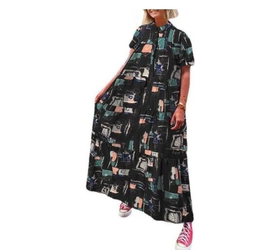 Geometric Print Short Shirt Maxi Dress with buttons