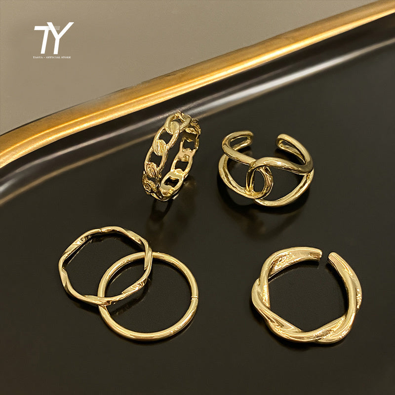 Design Five Piece Geometric Metal Gold Colour Rings For Womans Korean Fashion Jewelry Goth Accessories Party Girl's Unusual Ring