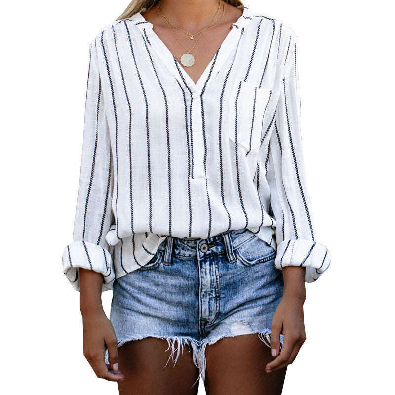 Women Striped Shirt Button Long Sleeve Blouses Top