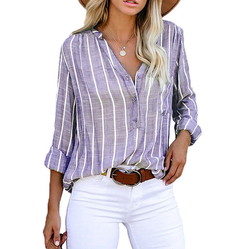 Women Striped Shirt Button Long Sleeve Blouses Top