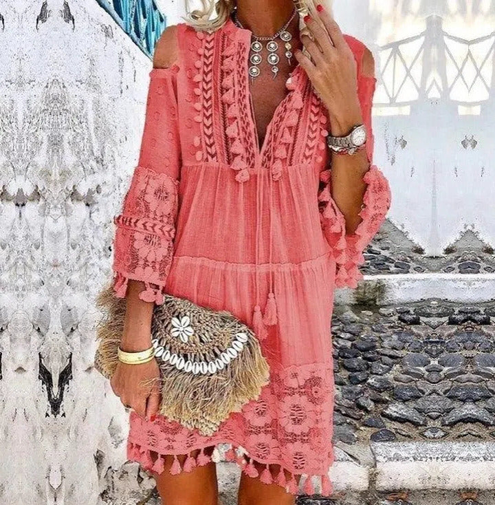 Spring Summer Autumn Retro Bohemian Mini Dress Women Vintage Elegant Lace Loose Tassel Rope Fashion Lady Light Thin Breathable