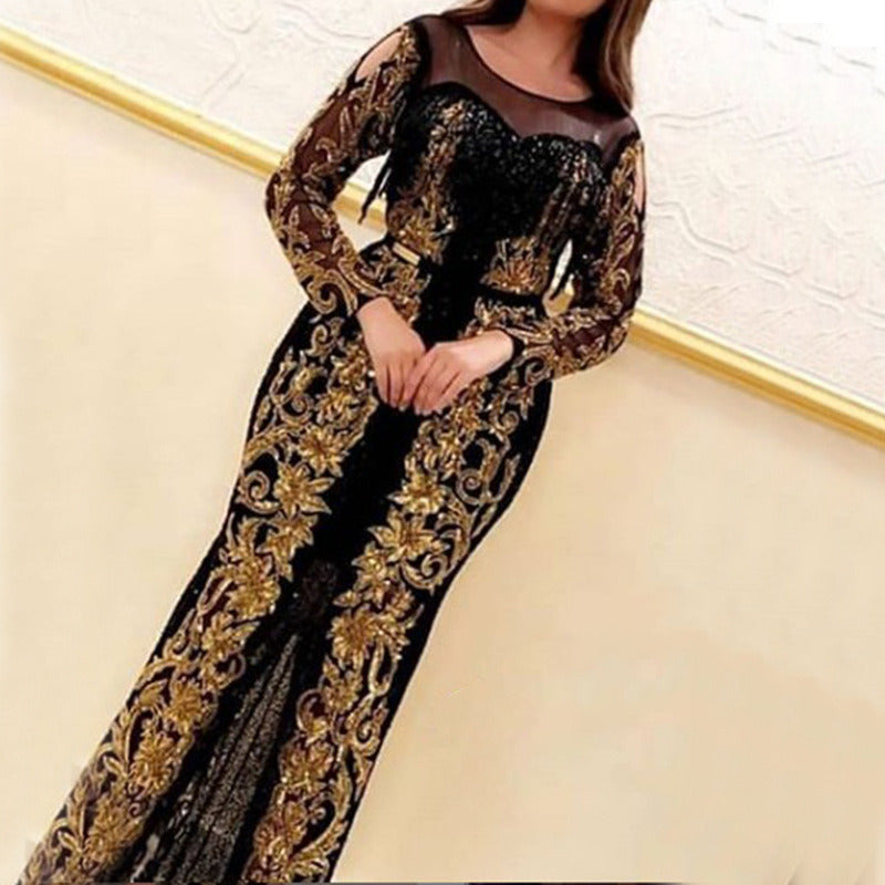 Women Evening Dress Elegant Sexy Sequins Big Swing Long Skirt Chiffon Shawl Trumpet Sleeve Belt Banquet New Spring Summer Autumn