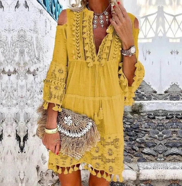 Spring Summer Autumn Retro Bohemian Mini Dress Women Vintage Elegant Lace Loose Tassel Rope Fashion Lady Light Thin Breathable