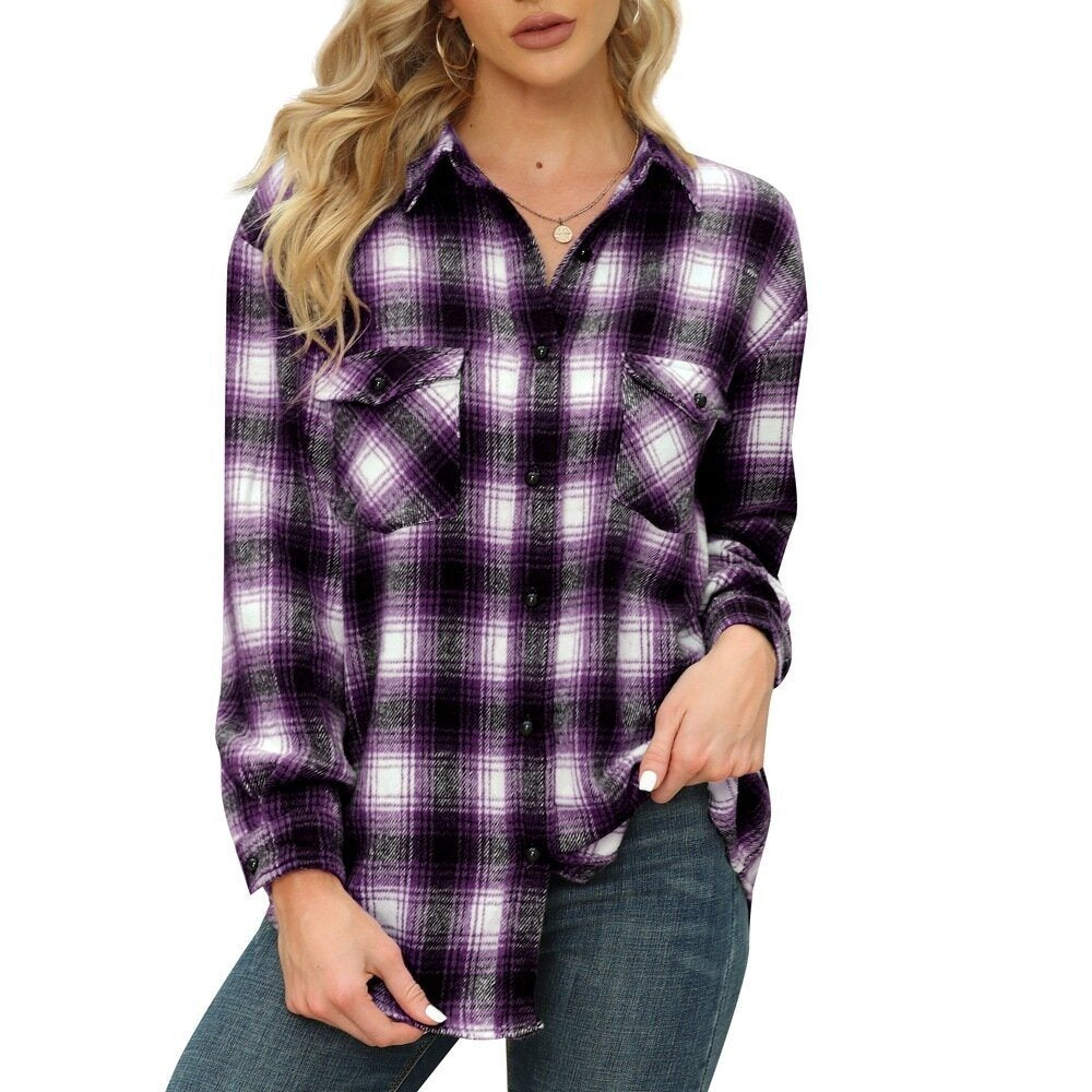 Womens Plaid Shirts Flannel Button Down Long Sleeve Shacket Jacket