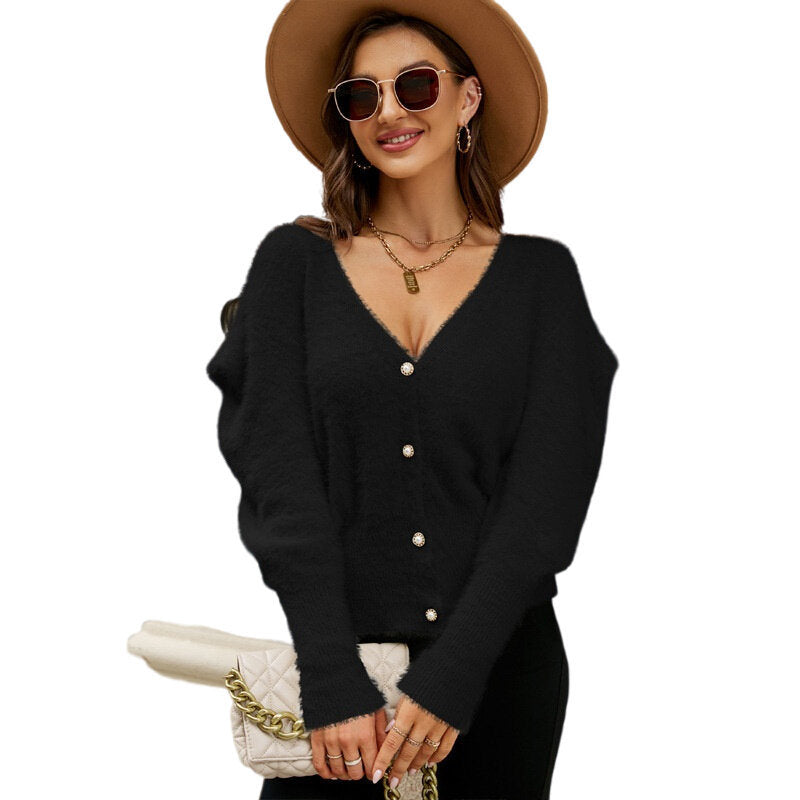 Puff Sleeve V-Neck Knit Cardigan Sweater