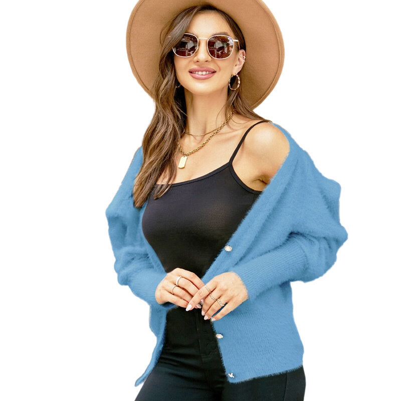 Puff Sleeve V-Neck Knit Cardigan Sweater