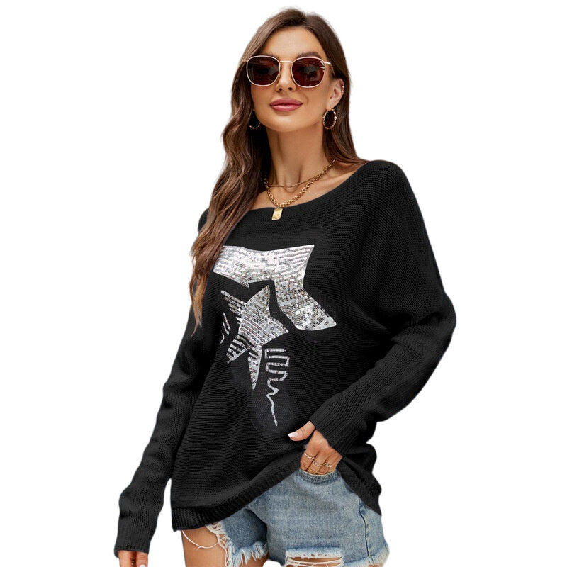 Loose Embroidered Sequined Doll Sleeve Knit Sweater