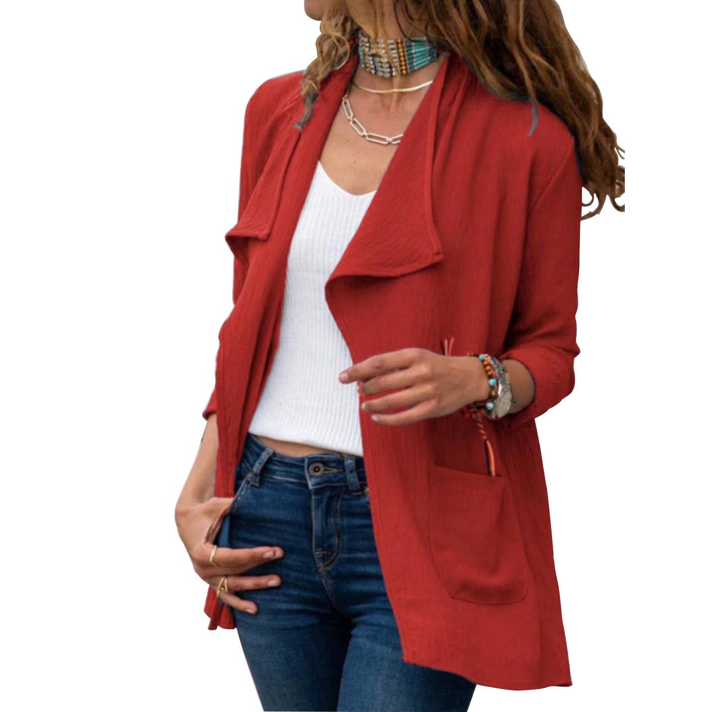 Lapel Long Sleeve Open Front Jacket Cardigan