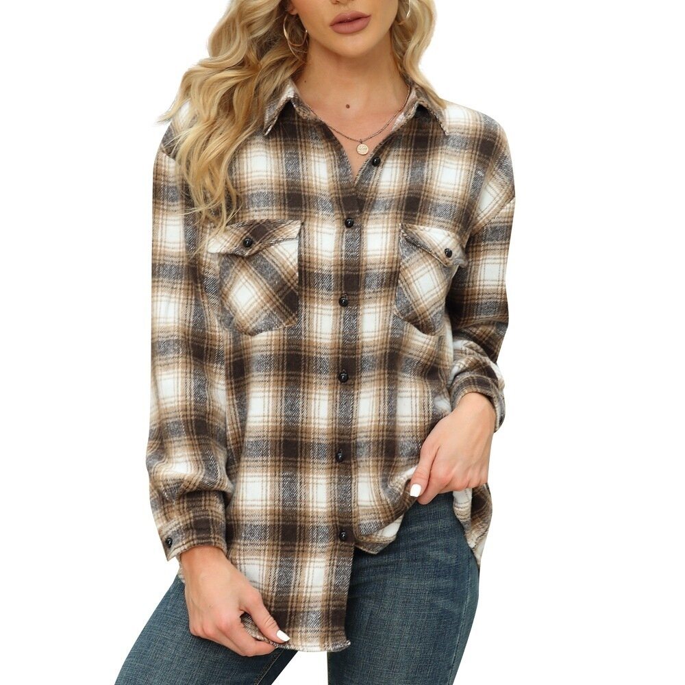 Womens Plaid Shirts Flannel Button Down Long Sleeve Shacket Jacket