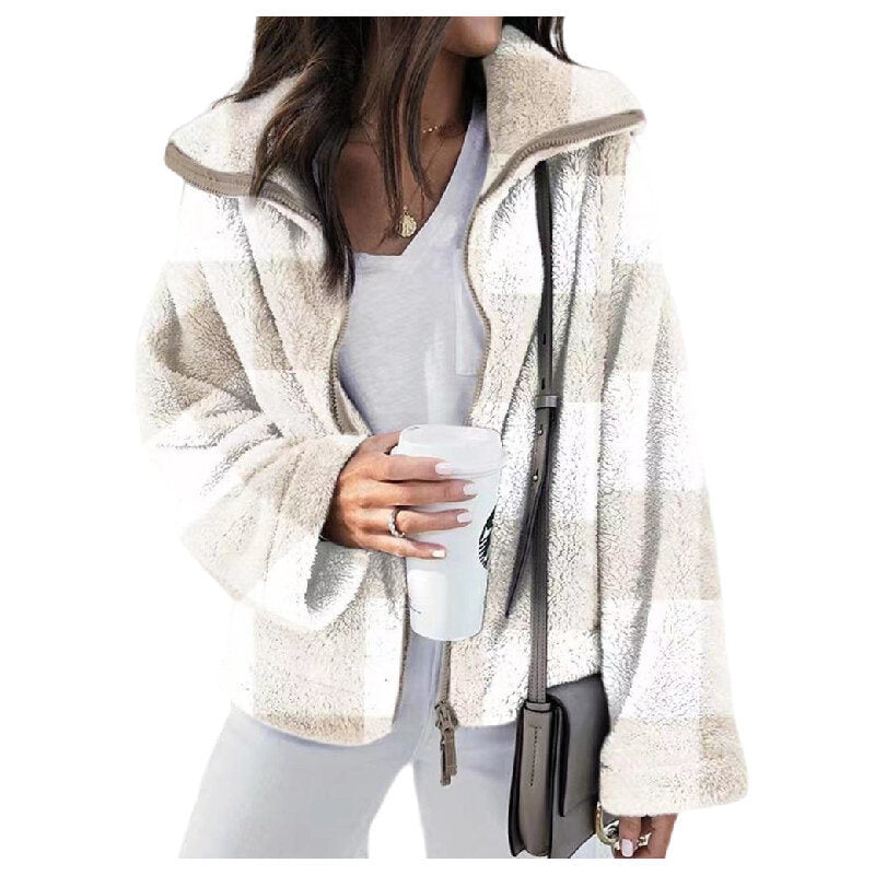 Check Plush Lapel Sweater Jacket