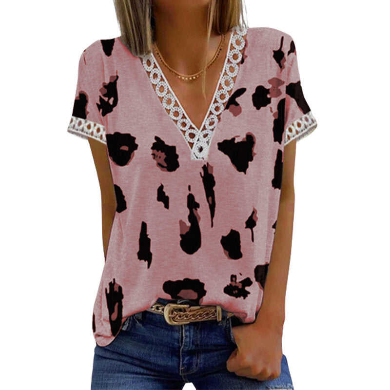 V-Neck Printed Lace T-Shirt Top