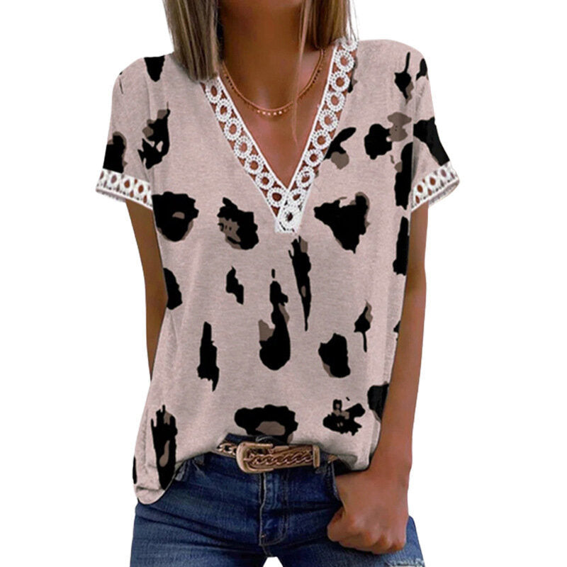 V-Neck Printed Lace T-Shirt Top