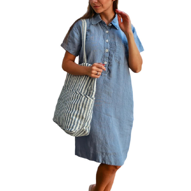 Linen Shirt Dress Pocket Dress Button Casual Dress