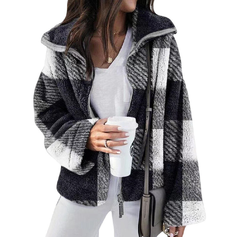 Check Plush Lapel Sweater Jacket