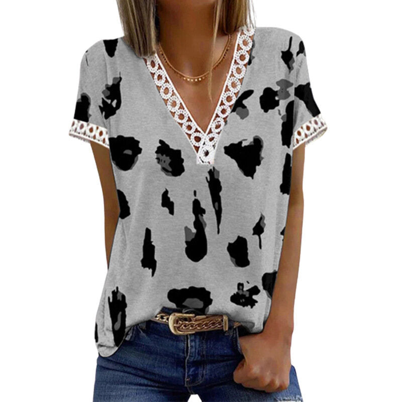 V-Neck Printed Lace T-Shirt Top