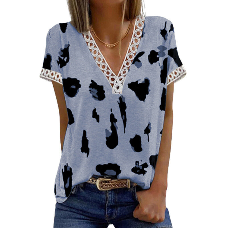 V-Neck Printed Lace T-Shirt Top