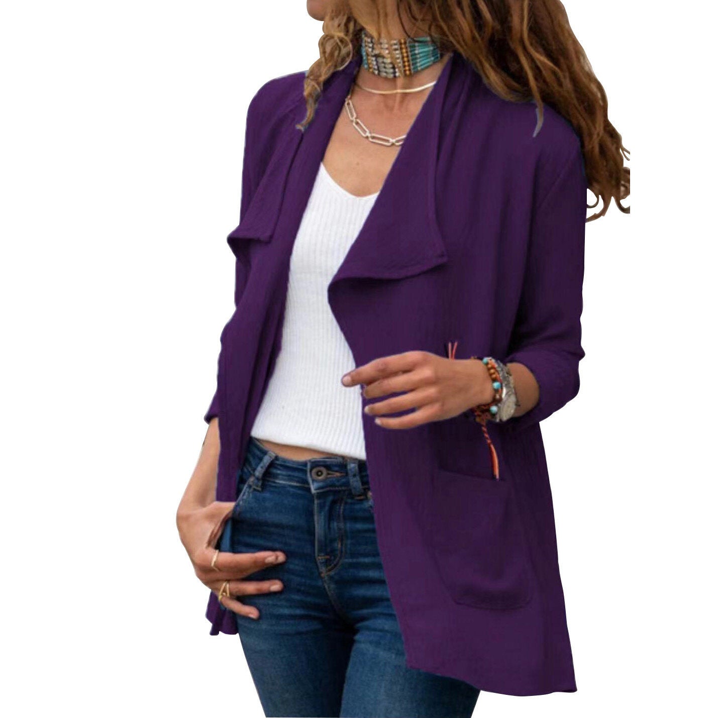 Lapel Long Sleeve Open Front Jacket Cardigan